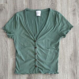 Olivia Rae Ribbed Button-Front V-Neck Top - Sage
